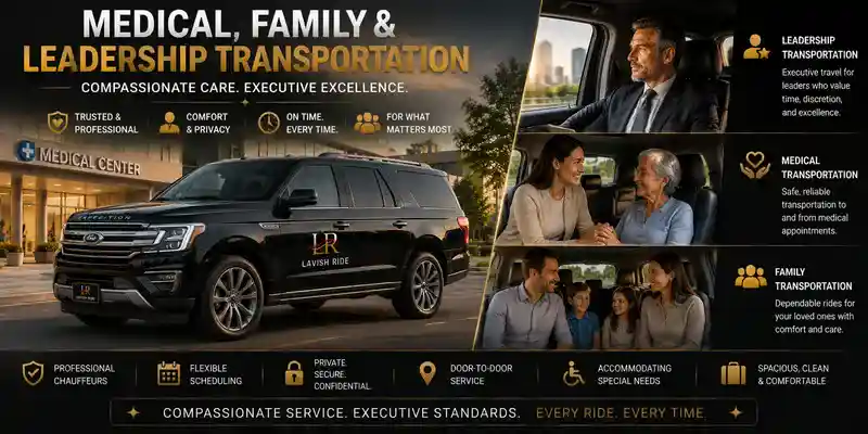 Ford Expedition luxury transportation service for medical appointments, executive travel, and family transportation featuring private chauffeur service, compassionate care, spacious comfort, and Lavish Ride branding outside a medical center.
